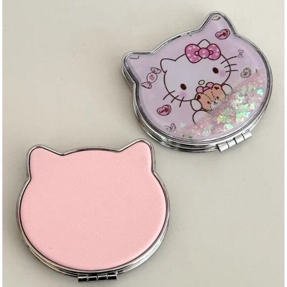 Hello Kitty Pink Glitter Compact Mirror Dual-Sided Folding Pocket Makeup Mirror - Picture 3 of 4